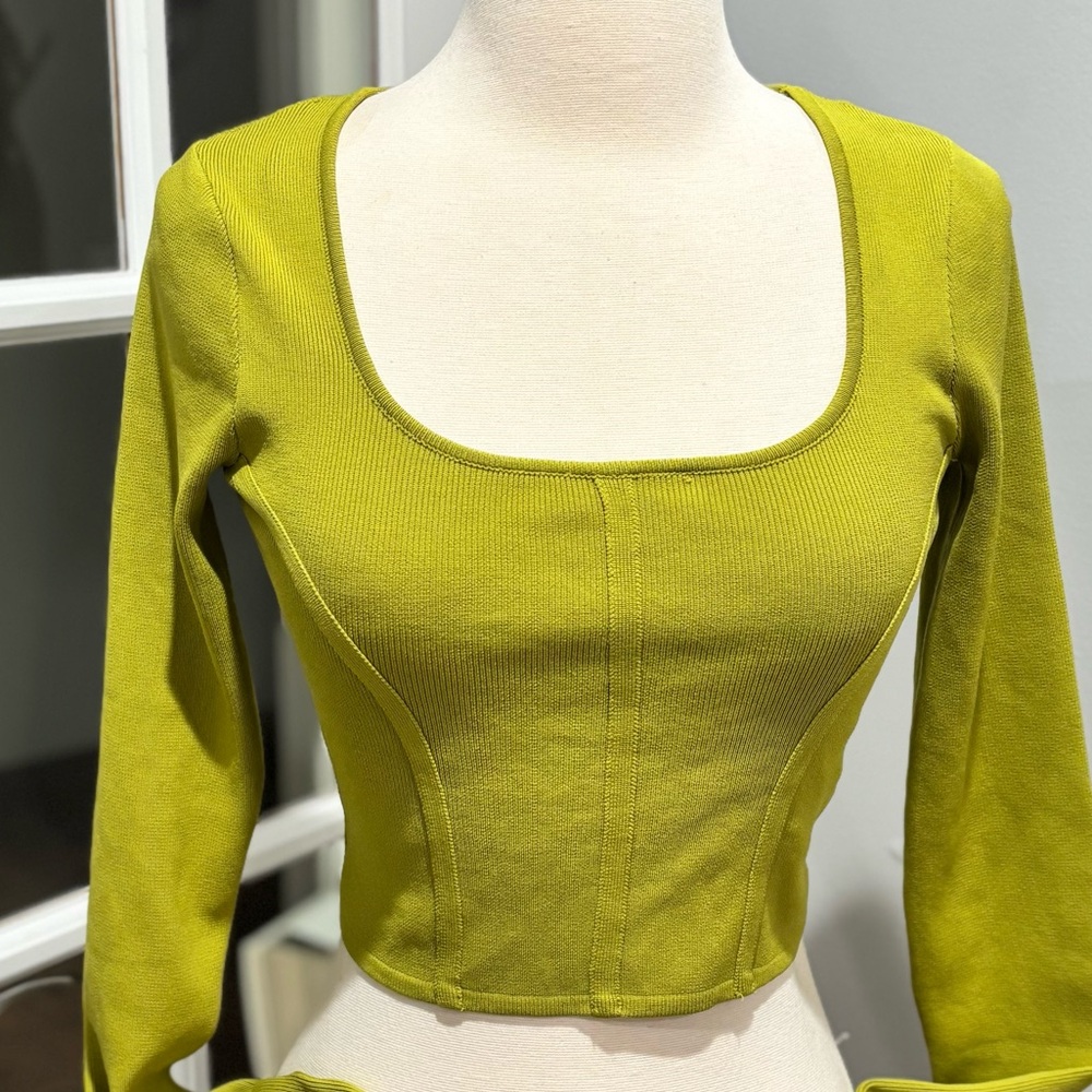 Happily Grey Ribbed Cropped Long Sleeve Top in Chartreuse/Lime Green